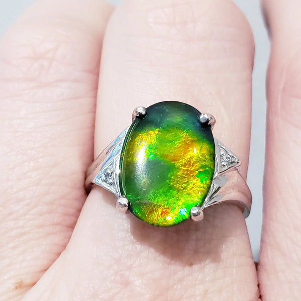 Sterling Silver Oval Ammolite Ring with Accent Stones PN:AF-8N2 %product from Empire Ammolite
