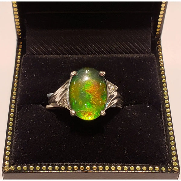 Sterling Silver Oval Ammolite Ring with Accent Stones PN:AF-8N2 %product from Empire Ammolite