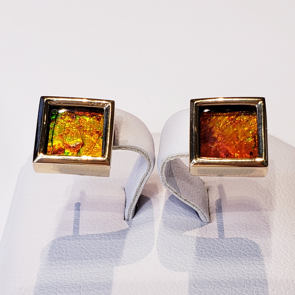 Ammolite Stud Earrings Set in Gold with 8mm Square Gems PN: E20943 %product from Empire Ammolite