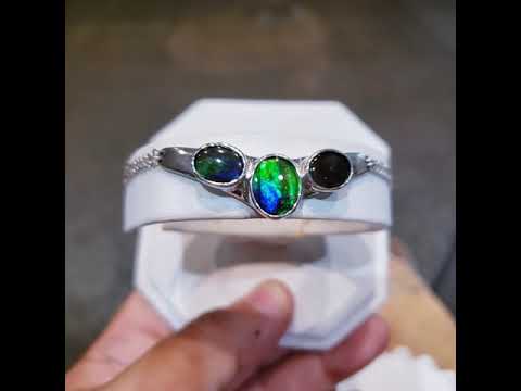 Ammolite Silver Bracelet Video with Three Blue and Green Gemstones