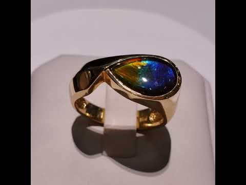 Modern Tear Drop 14KYG And Genuine Canadian Ammolite Gemstone Ring Video