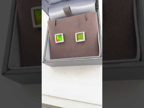 Ammolite Stud Earring Set in Silver with Square Gemstones Video PN E21464 