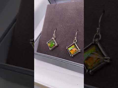 Ammolite Silver Earrings with 10mm Square Gemstones Video PN E1366-23 
