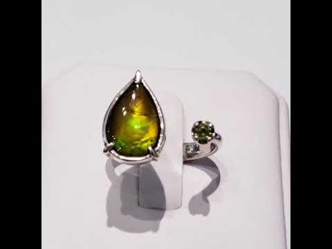 Ammolite Adjustable Ring Video with Peridot Accent Set in Silver